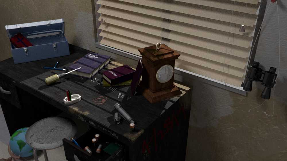 Various of 3D objects displayed on a desk next to a window in a 3D scene